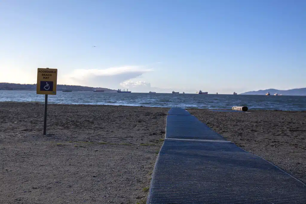 Accessible beaches are becoming more popular in BC, like the the wheelchair mat at English Bay shown in this picture.